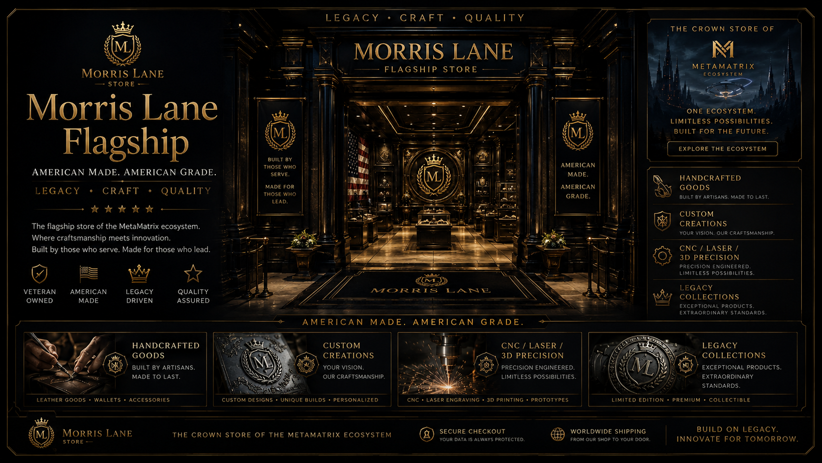 Morris Lane flagship commerce blueprint with handcrafted goods, custom creations, CNC laser 3D precision, legacy collections, secure checkout, worldwide shipping, and MetaMatrix ecosystem gateway.