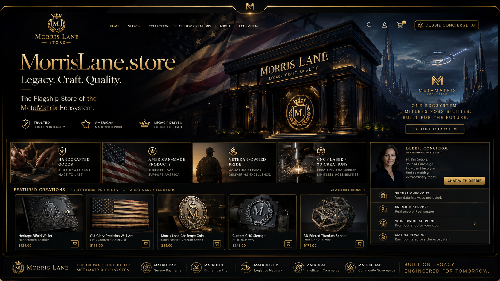 Morris Lane Store commerce dashboard with Debbie Concierge, handcrafted goods, American-made products, veteran-owned pride, custom creations, checkout, shipping, and Matrix rewards.